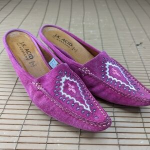 . K. Acid women's sz 37  US 6.5 pink suede 2" kitten heel slip on shoes. Studs w
